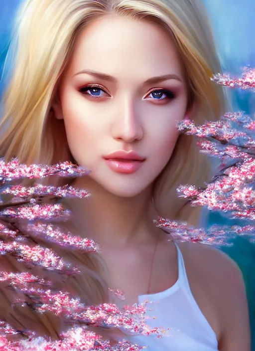 Image similar to photo of a gorgeous blonde female in the style of stefan kostic, realistic, half body shot, sharp focus, 8 k high definition, insanely detailed, intricate, elegant, art by stanley lau and artgerm, extreme blur cherry blossoms background