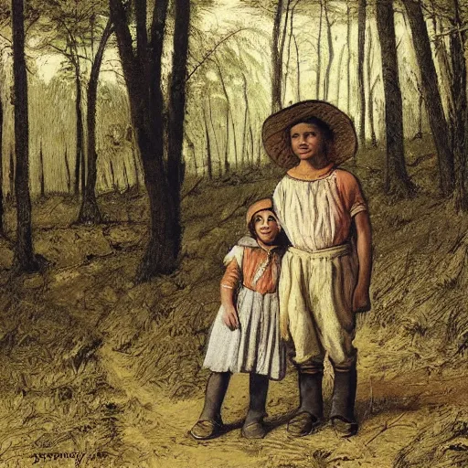 Image similar to a young, poor peasant brother and sister in the forest, wearing peasant clothing, by james gurney and ivan shiskin