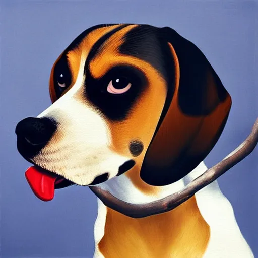 Prompt: “black and tan coloured beagle holding a blue bone in its mouth, fine art, vivid, high quality”