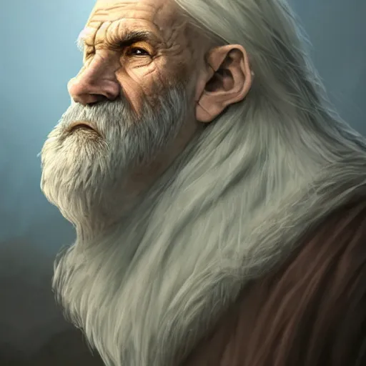 Prompt: hooded wise old man long white beard wearing a brown tunic riding on lions back, epic digital art trending on artstation, superb detail 8 k masterpiece