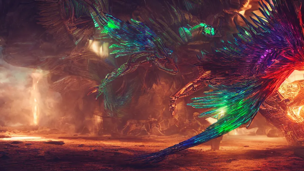 Image similar to photo of quetzalcoatl iridescent humanoid deity fighting against the machines, fantasy cinematic lighting, photorealistic, octane render 8 k depth of field 3 d