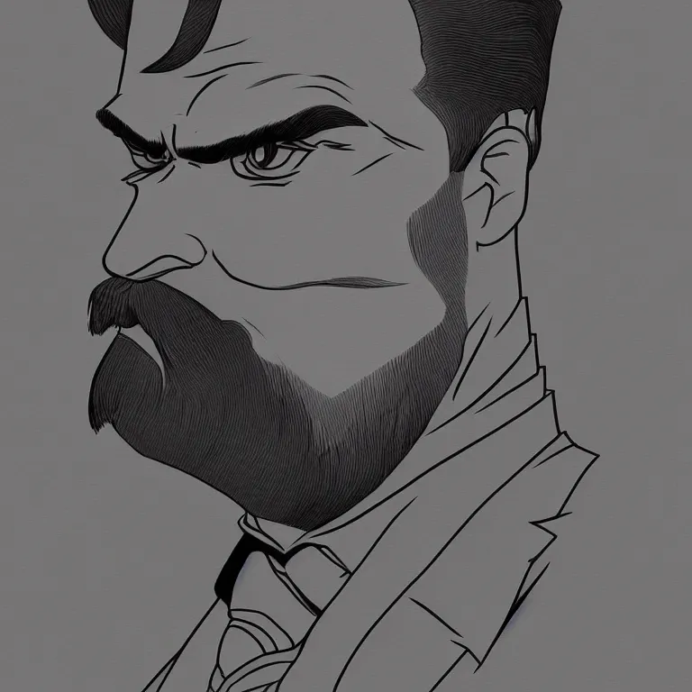 Image similar to Stylized Portrait of Friedrich Nietzsche in his Suit, chiseled Jawline and serious Look, in the Style of Artgerm and Ross Draws and Mike Mignola and Cory Loftis, neon rim light, hard shadows, colorful, plain background, trending on artstation