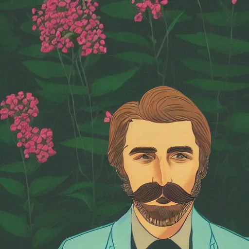 Prompt: a man with a moustache standing in front of flowers, a character portrait by jack smith, tumblr contest winner, aestheticism, masculine, aesthetic, ilya kuvshinov