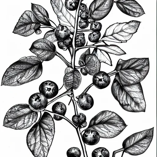 Prompt: drawing of closeup of leafy blueberry bush in a nordic forest. Digital art. 4K. Artistic. Detailed drawing. Trending on artstation.