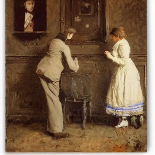 Image similar to a young man and a young woman solving an escape room puzzle, mysterious markings on the wall, by alfred stevens