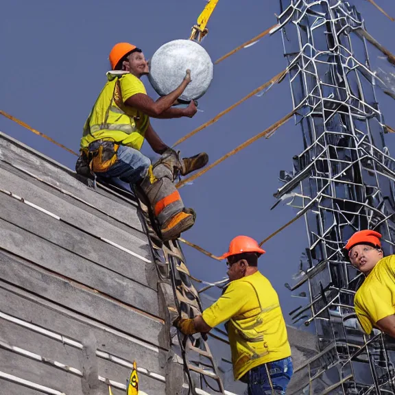 Image similar to two construction workers removing the moon from the sky