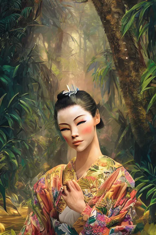 Image similar to stunningly beautiful, peruvian geisha prima ballerina in jungle, symmetrical face, golden hour, smooth, focus, highly detailed, hyper realistic, dramatic lighting, elegant, intricate, concept art, art by wlop, mars ravelo, greg rutowski, artstation