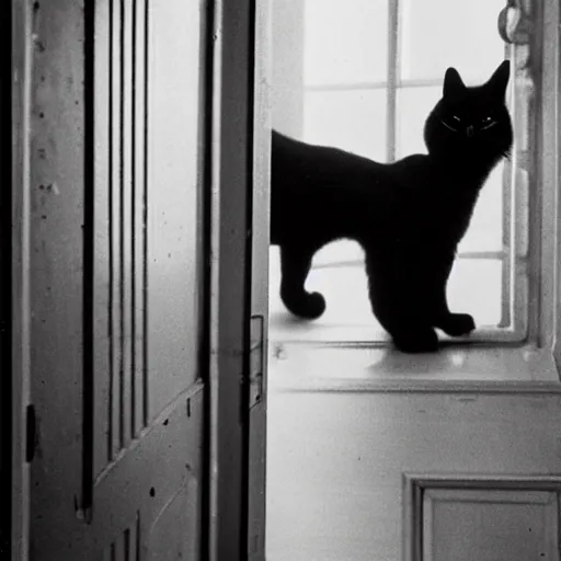 Prompt: detailed still of Sigourney Weaver wearing a white singlet and her cat moving apartment New York City 1983, gothic building entrance way Art Deco, cinematic feel, high octane