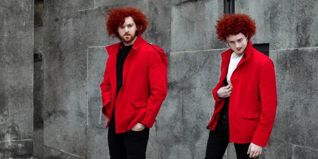 Image similar to man, man, man, man, red hair, black jacket, curly hair, fullbody, Caucasian, short hair,