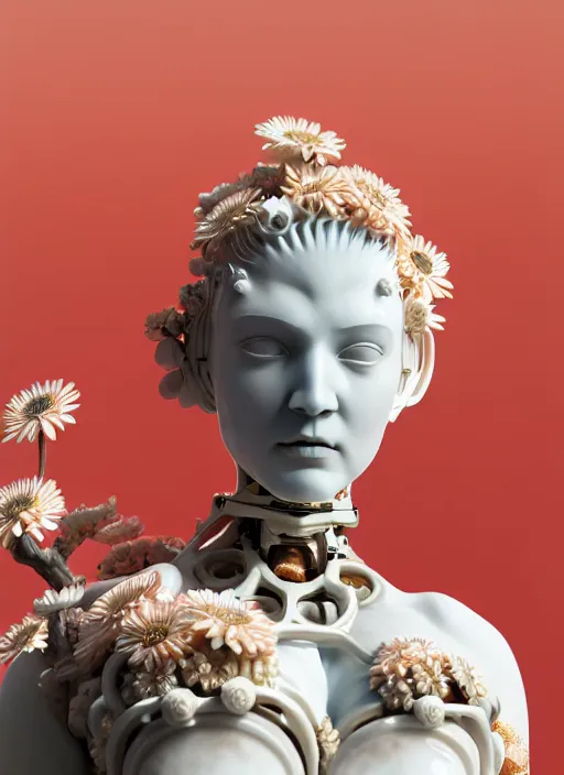 Image similar to biomechanical marble statue with porcelain skin coral and daisies carrying a bottle of perfume, up close shot, sharp focus, global illumination, radiant light, alexandre ferra white mecha, irakli nadar, octane highly render, 4 k, ultra hd,