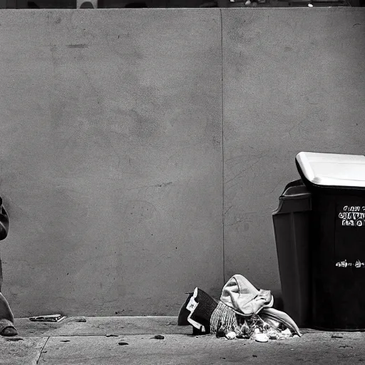 Image similar to wide-angle photo of homeless Elmo with a trash can fire, on Skid Row, photo by Annie Leibovitz