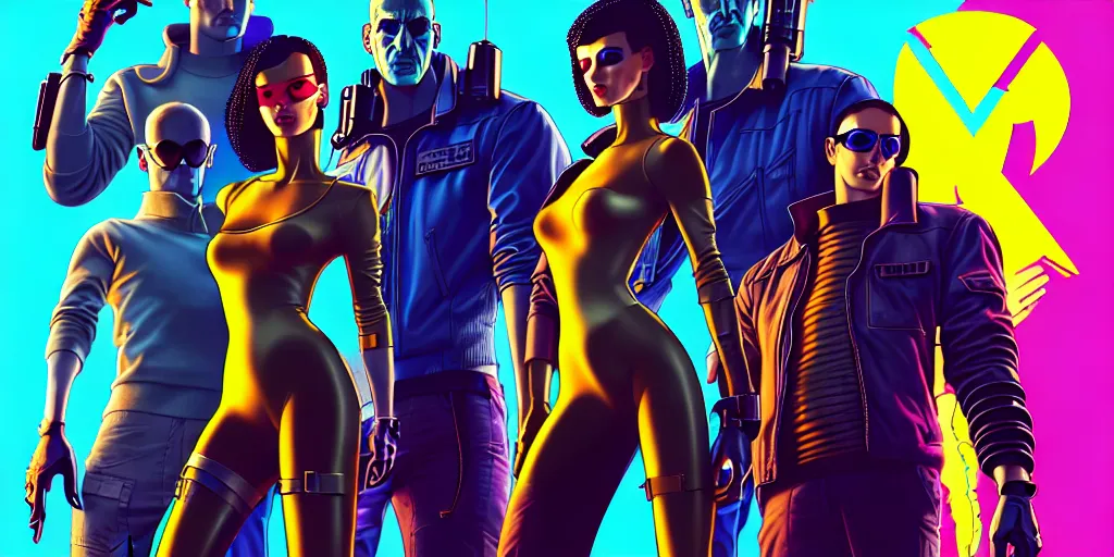 Image similar to cyberpunk heist crew. portrait by stonehouse and mœbius and will eisner and gil elvgren and pixar. character design. realistic proportions. dystopian. cyberpunk 2 0 7 7 character art, blade runner 2 0 4 9 concept art. cel shading. attractive face. thick lines. hi def 4 k. the team. detailed interesting characters. realistic faces.