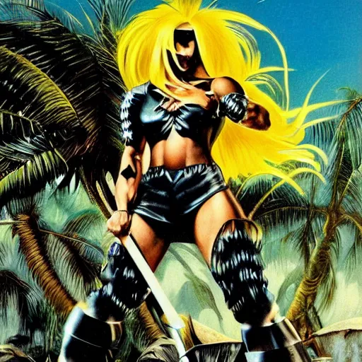 Image similar to 23-year-old muscular warrior girl wearing chrome silver armor, black spandex, electrified hair, wild spiky black hair, glam metal hair, wild black hair, yellow eyes, tropical, palm trees, chrome buildings, futuristic base, 1987, Frank Frazetta, pulp art, video game box art, hyper-detailed