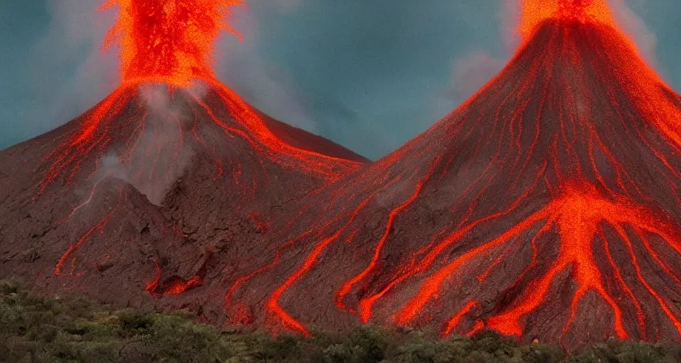 Prompt: a volcano made of ivory vines and crimson rocks enters in eruption, it spits a smoke in the shape of demonic eye, by Wes Anderson,