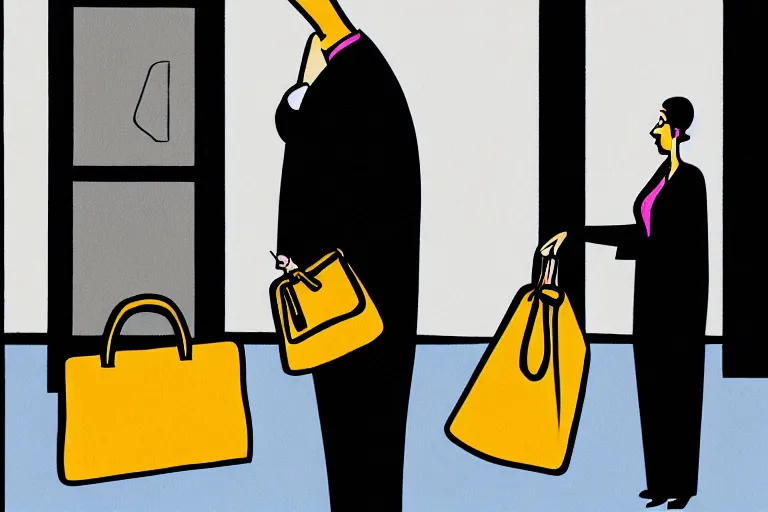 Image similar to tall, security guard checks the bags of a worried looking woman, art, satire