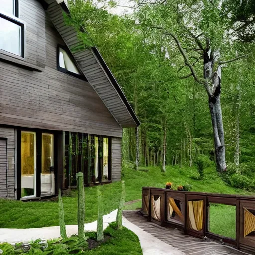 Image similar to a beautiful concept cottage designed for cozy, curves!!, natural contour aesthetics!!, energy efficiency and maximizing plants and greenery, golden light, high resolution, professional