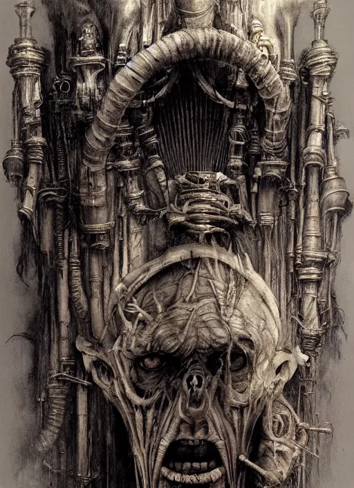 Prompt: portrait of a crazy old man with a pipe organ head by hr giger, greg rutkowski, luis royo and wayne barlowe, 8 k