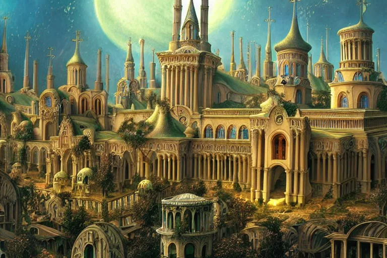 Image similar to a beautiful stunning insanely detailed fantasy matte painting of a byzantine cathedral city buzzing with activity and magical creatures by Heironymous Bosch and Jim Burns and James Gurney