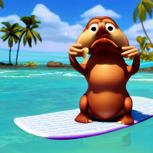 Prompt: 3d pixar render of cute walrus character with a surf board and beach and palm trees in the background