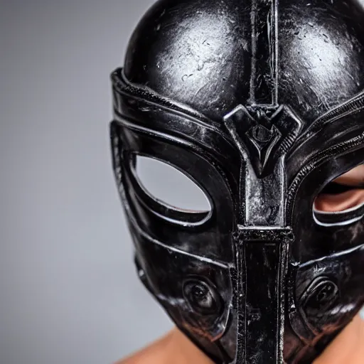 Image similar to an ancient warrior in black wearing a metal face mask