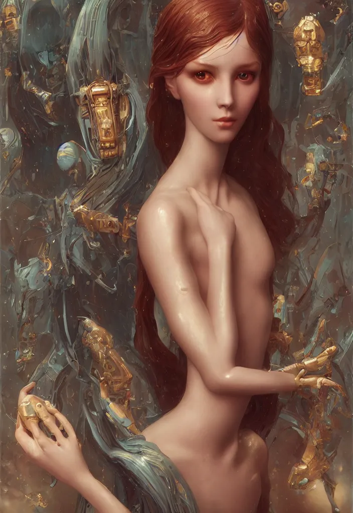 Prompt: portray of beautiful robot girl with porcelain wet glossy skin, look like a 3d model, alive statue, Ivan Bilibin, Ross Tran, Tom Bagshaw