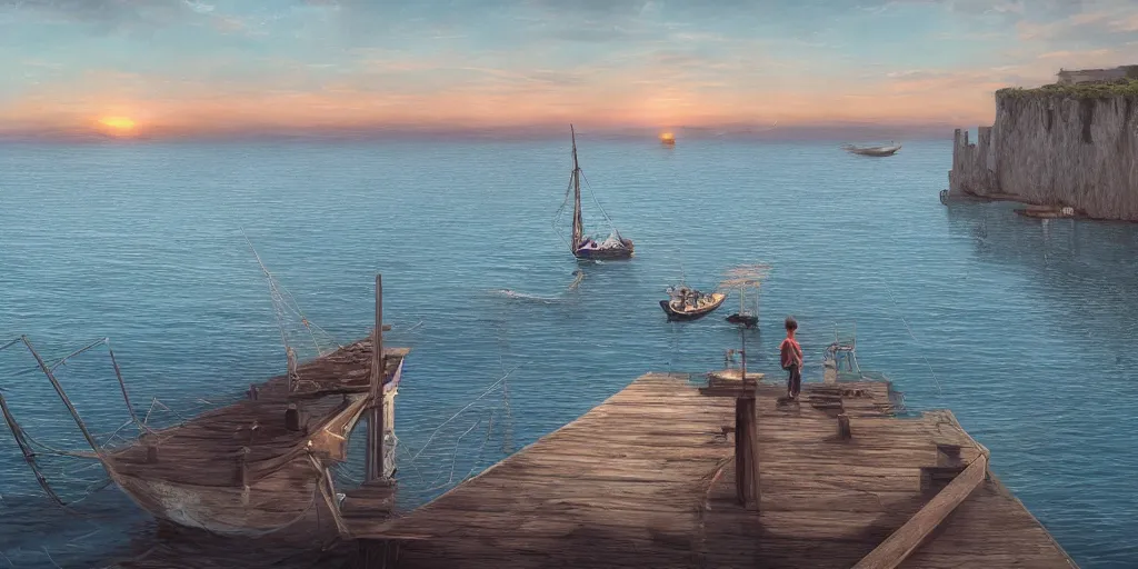 Prompt: wood dock, child at edge of dock, big fishing boat next to the dock with waving sailors. low angle, sunrise, a mediterranean phoenician fishing village in the distance, chalk cliffs above, highly detailed, digital painting, artstation, concept art, sharp focus, illustration, art by artgerm and raphael lacoste and magali villeneuve