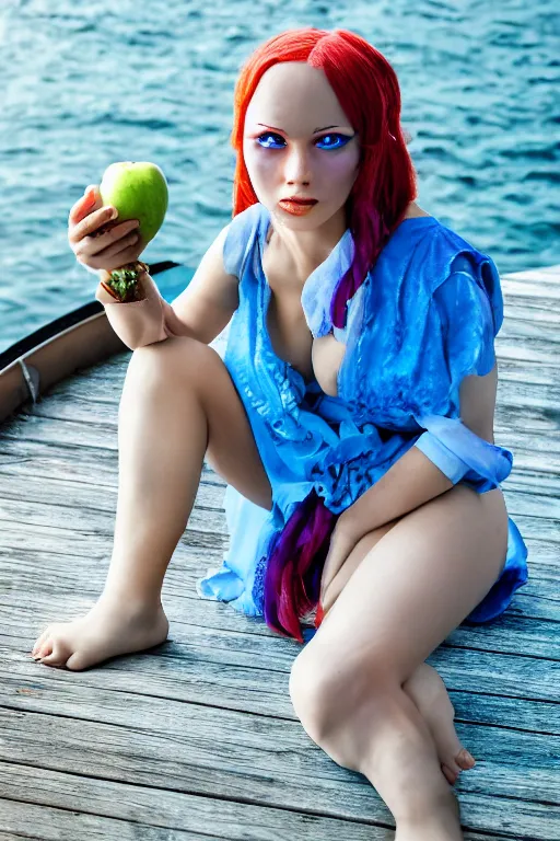 Prompt: close up of a blue skinned triton girl from dnd eating an apple and sitting on the deck of a ship, cosplay, high resolution film still, hdr color