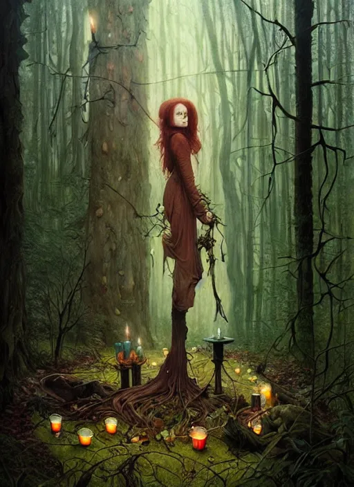 Image similar to a hyper realistic witch shrine, candles, in the woods, distant explosions, gorgeous lighting, lush forest foliage, painting by chiara bautista and tom bagshaw, mucha, beksinski and norman rockwell and greg rutkowski weta studio, and lucasfilm