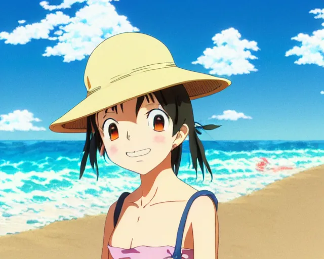 Prompt: anime fine details portrait of joyful girl at beach anime masterpiece by Studio Ghibli. 4k render.