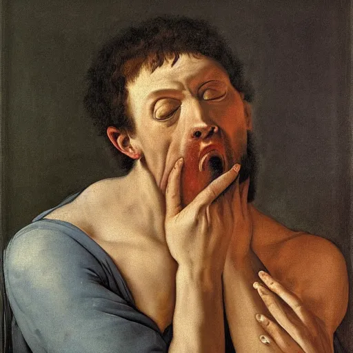 Image similar to Mannerism painting portrait of a man crying scared, sadness, fear, and anxiety, by Agnolo Bronzino