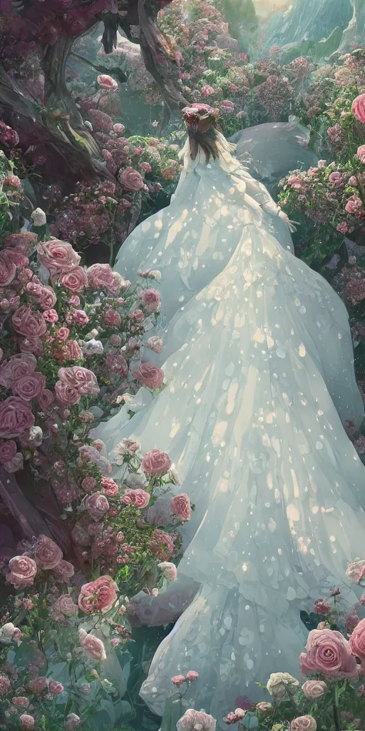 Prompt: the beautiful hyper detailed rose wedding dress in the fairyland surrounded by white clouds, in the style of makoto shinkai victo ngai and peter mohrbacher studio ghibli artgerm karol bak beeple, animation style, 8 k hd, dream, ultra wide angle, animation style, 3 drender, hyperdetailed