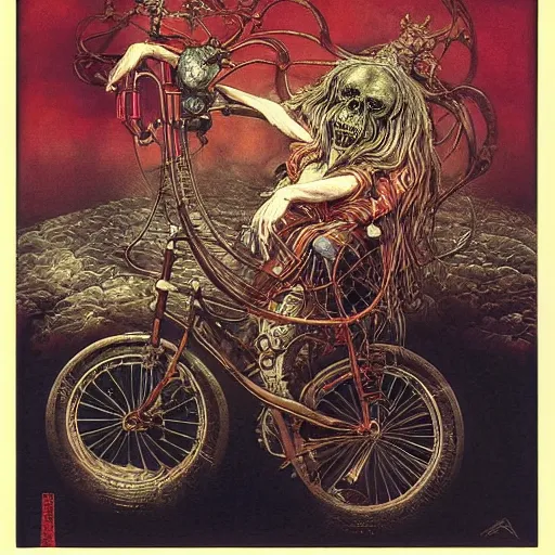 Prompt: hilarious old timey bicycle ridden by a walrus by ayami kojima, amano, karol bak, neo - gothic, gothic, rich deep colors. beksinski painting, from a movie by david cronenberg. art by takato yamamoto. masterpiece. realistic detailed image