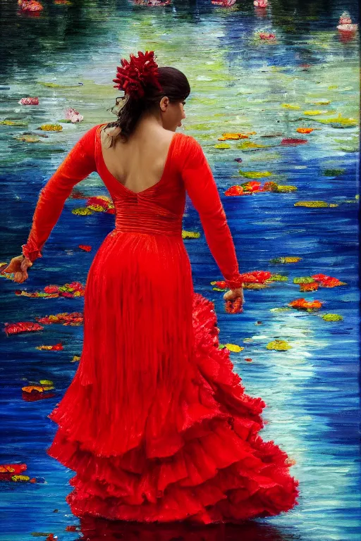 Image similar to detailed oil painting of spanish flamenco dancer walking into a crystal clear lake wearing a red dress made of flowers that's engulfed in flames, dimly lit by candles on the ground, looking away, dark shadows, ethereal, slr, 4 k, high definition