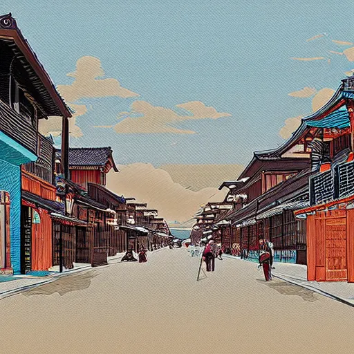 Image similar to street of american Western Town with Edo Period Japan design; digital art