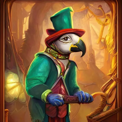 Prompt: Magic the gathering artwork of Anthropomorphized parrot shopkeeper in his shop, shelves full, selling a gem, portrait, items, magic potions, specimens in glasses, carpet, window, fancy funny hat, sly expression , cunning expression, cute expression, presenting magic gem, D&D, fantasy, cinematic lighting, highly detailed, digital painting, artstation, concept art, smooth, sharp focus, illustration, warm light, cozy warm tint, magic the gathering artwork, volumetric lighting, 8k, no gold, no gold colours, art by Akihiko Yoshida and Greg Rutkowski