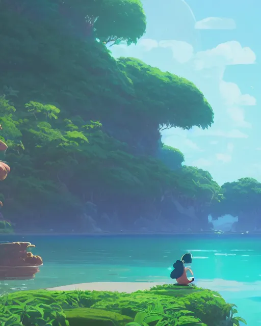 Image similar to a turtle shaped island, lush vegetation, azure water, glowing light, cory loftis, james gilleard, atey ghailan, makoto shinkai, goro fujita, studio ghibli, rim light, exquisite lighting, clear focus, very coherent, plain background, soft painting