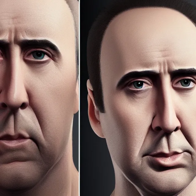 Image similar to portrait of bald nicolas cage neutral expression face straight on headshot even lighting no hair, trending on artstation