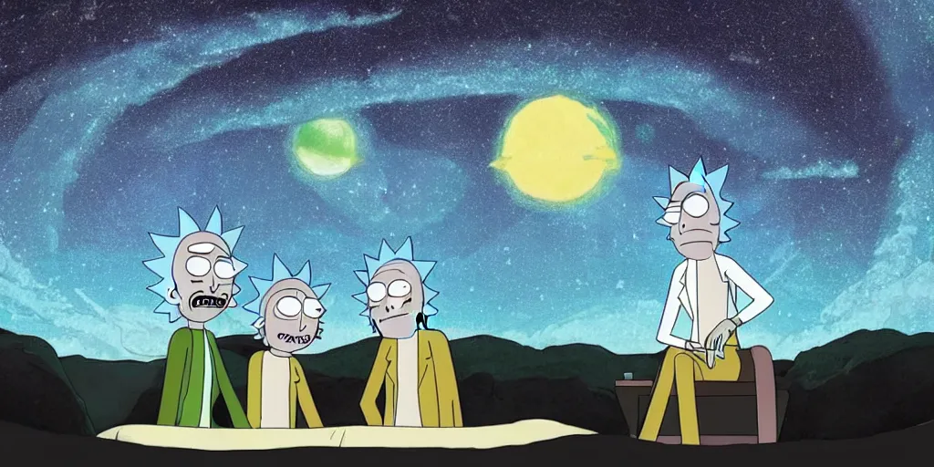 Prompt: rick and morty sitting on toilet, sky full of stars and milkyway is viewable, mystical, art