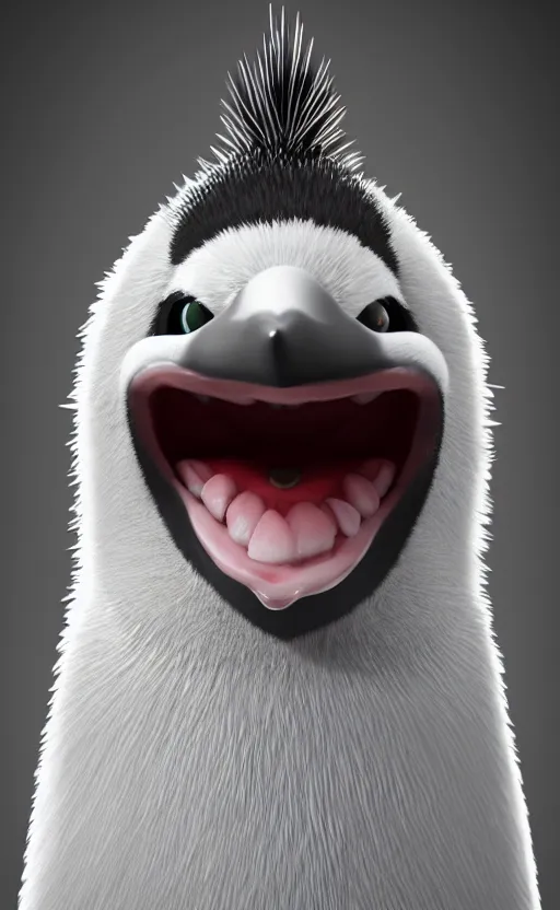 Image similar to big spiky penguin, huge teeth, digital art, artstation, HD 4k, cute penguin face, cinematic portrait