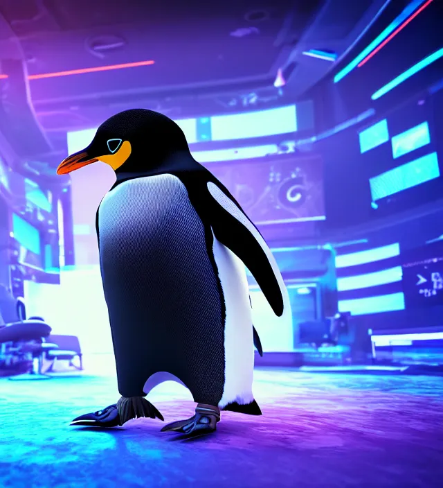 Prompt: studio beautiful cyberpunk esports penguin logo for a penguin!!!!!! studio level special effects and particles, intricate!!!!! professional, global illumination, cinematic, complex design!!!! octane render, trending on artstation, coherent, symmetrical, hyperdetailed, epic