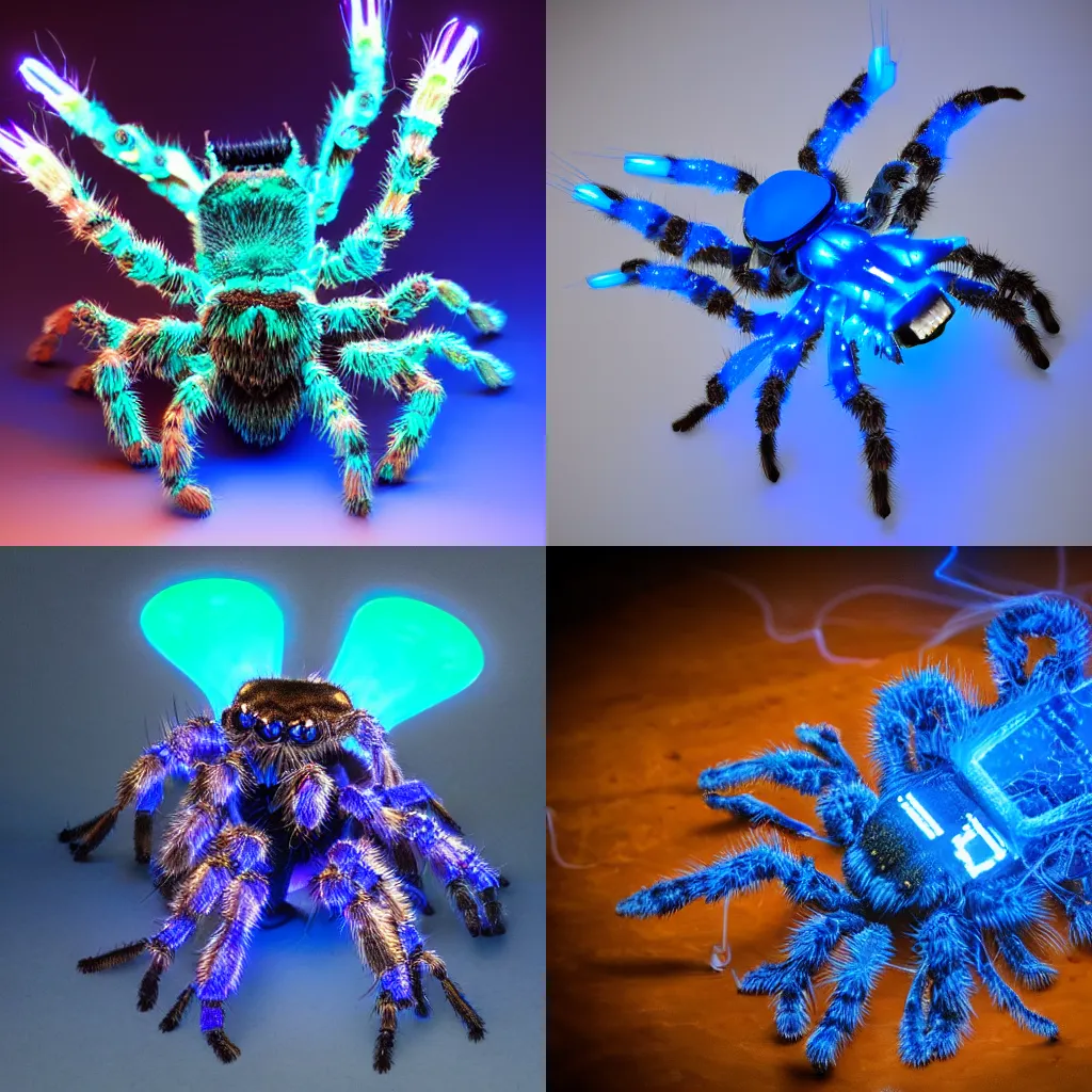 Prompt: blue, cyberpunk, mecha tarantula, smoke, LEDs, neon