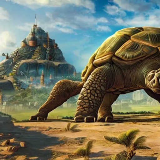 Prompt: fantasy city located on the top of a giant tortoise traveling through a barren dessert on a hot day. Realistic. Hyper detailed.