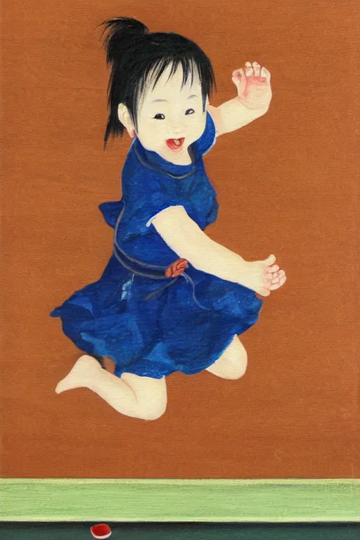 Prompt: a Tosa Mitsuoki painting of a toddler girl jumping in the kitchen