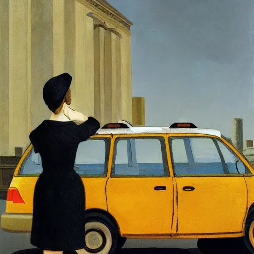 Image similar to a woman hails a taxi by Raphael, Hopper, and Rene Magritte. detailed, romantic, enchanting, trending on artstation.