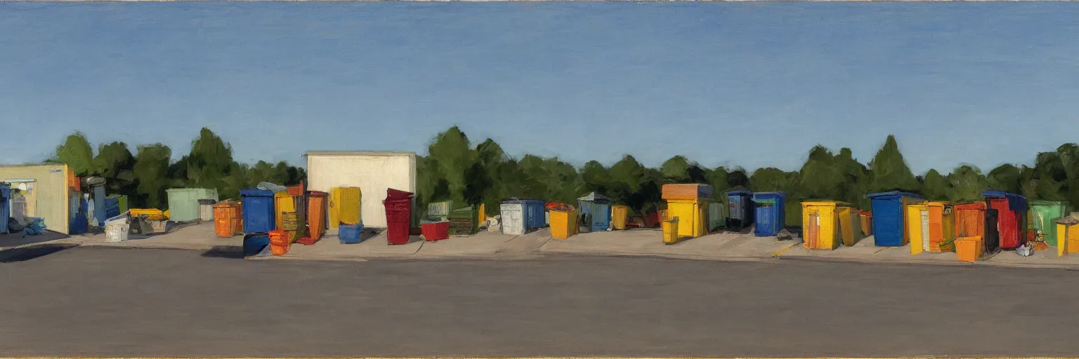 Image similar to Dumpsters by the parking lot behind a Walmart in a North American suburban strip mall by Edward Hopper