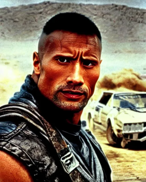 Image similar to film still close up shot of dwayne johnson in the movie mad max 2 the road warrior. photographic, photography