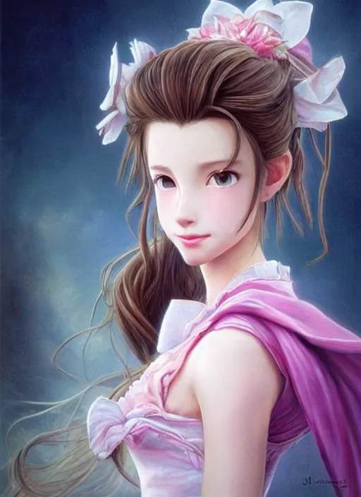 Image similar to elegant Aerith Gainsborough stares intently straight on in an intense way. ultra detailed painting at 16K resolution and epic visuals. epically surreally beautiful image. amazing effect, image looks crazily crisp as far as it's visual fidelity goes, absolutely outstanding. vivid clarity. ultra. iridescent. mind-breaking. mega-beautiful pencil shadowing. beautiful face. Ultra High Definition. processed twice.