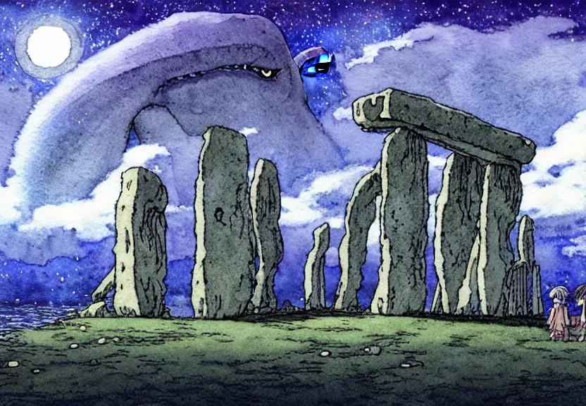 Prompt: a simple watercolor studio ghibli movie still fantasy concept art of stonehenge underwater. a giant octopus from princess mononoke ( 1 9 9 7 ) is holding large stones. it is a misty starry night. by rebecca guay, michael kaluta, charles vess