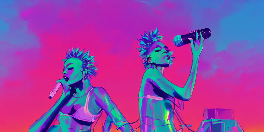 Image similar to lady rapper performing at huge festival holding microphone, epic pose, digital art, vaporwave, psychedelic, surreal, hip hop, trending on Artstation, professional artist, detailed, 4k