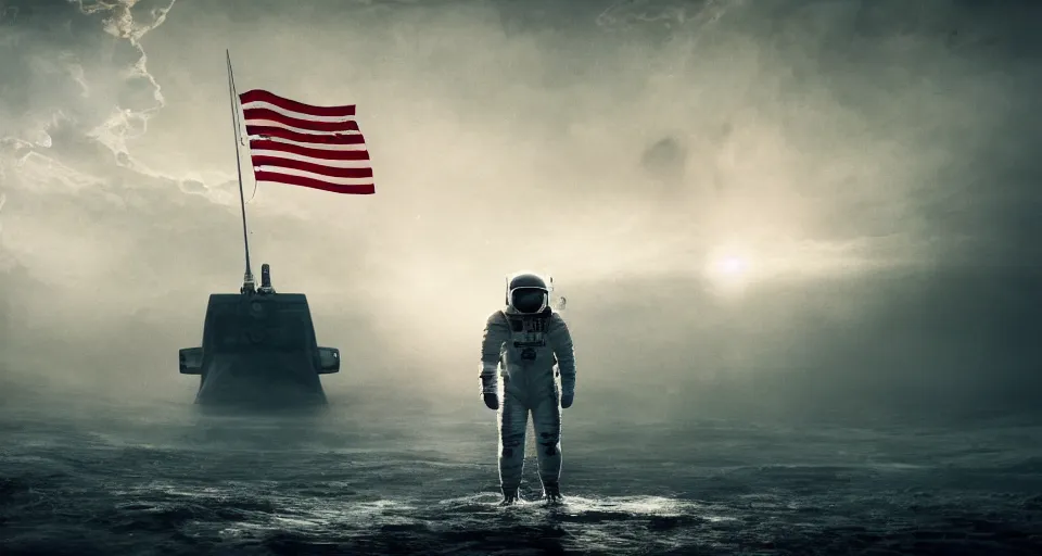 Image similar to astronaut holding a flag in an underwater desert. a submarine is visible in the distance. dark, concept art, cinematic, dramatic, atmospheric, 8 k, trending on artstation, blue, fish, low visibility, fog, ocean floor, christopher nolan, interstellar